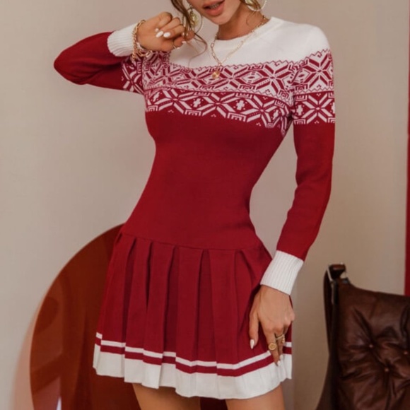 Glamaker Two-Tone Pleated Round Neck Sweater Dress - Picture 1 of 4